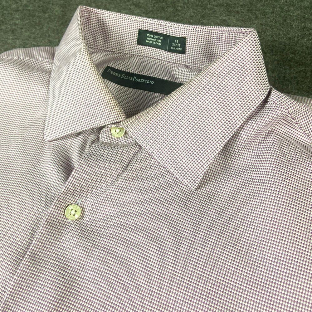 Perry Ellis Portfolio Wrinkle Resistant Dress Shirt Check 18 34/35 Purple White